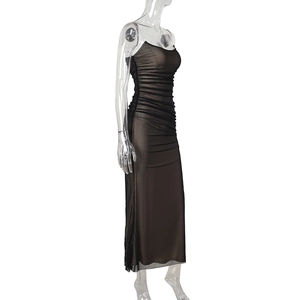 Detail of ruched mesh texture on black slim-fit sleeveless midi dress for women