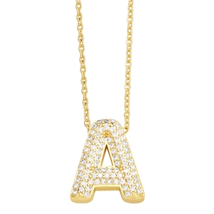 Minimalist gold letter A necklace with pavé-set zircons on a delicate chain