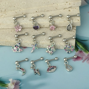 Stainless steel stud earrings set with zircon pendants in heart star and butterfly shapes