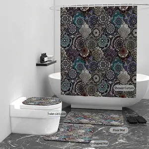 4-piece bohemian mandala bathroom set with waterproof curtain and non-slip rugs