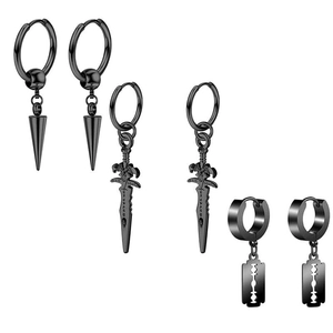 Three pairs of black stainless steel hoop earrings with spike, sword, and razor blade charms