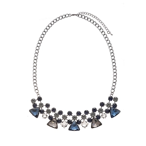 Bohemian style necklace with geometric blue and grey crystals on a dark metal chain