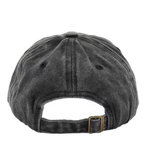 Rear view of vintage washed cotton baseball cap with adjustable metal buckle closure