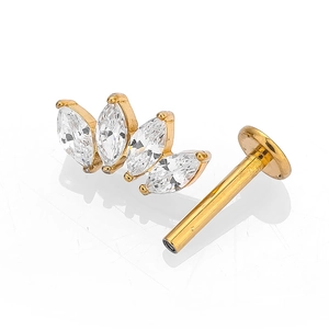 Golden leaf crown lip stud with marquise cubic zirconia stones and threaded flat back post