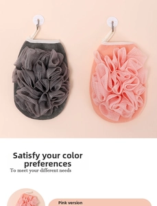 Dual-sided bath loofah and exfoliating scrubber with hanging rope and hooks in pink and gray