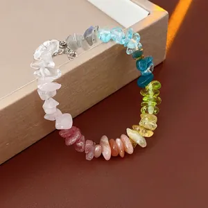 Rainbow natural stone beaded necklace with stainless steel chain for beach vacation