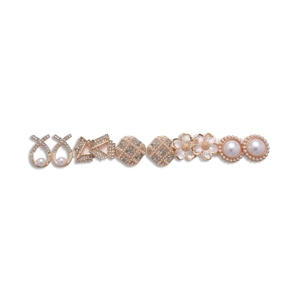 Elegant ten-piece set of pearl and crystal flower stud earrings with a gold finish