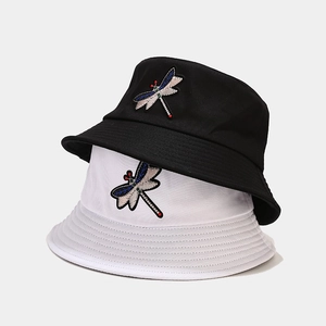Unisex cotton bucket hat with colorful dragonfly embroidery and bead details