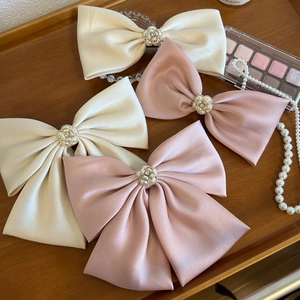 Large Satin Bow Hair Clip French Style With Artificial Pearl Flower Decor Spring Hairpin For Women Elegant Back Bun Head Accessory