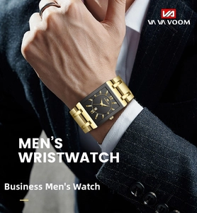 Detail of a rectangular black and gold business watch on a man's wrist with a suit