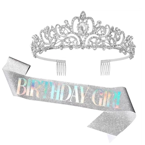 Sparkling silver rhinestone birthday tiara set with Birthday Girl glitter sash for party