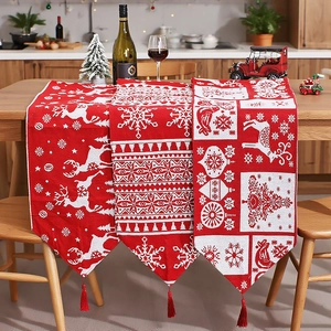 Christmas Table Runner Reindeer Snowflake Knitted Fabric With Tassels For Holiday Dining Room Home Party Decoration