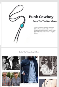 Detail of vintage bronze bolo tie with turquoise stone and braided black leather cord
