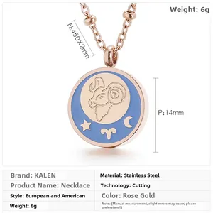 Macro shot of rose gold Aries zodiac coin pendant with blue enamel and steel chain