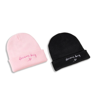 Winter Dream Big knit beanie set in pink and black colors with heart embroidery design