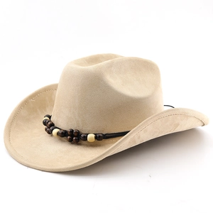 Detailed side view of beige faux suede cowboy hat with ethnic style wooden beads decoration