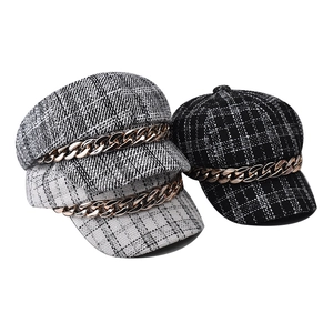 Retro Plaid Tweed Newsboy Cap For Women With Chunky Gold Metal Chain Winter Autumn British Style Octagonal Painter Hat