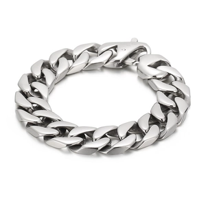 Polished 316L stainless steel chunky Cuban link chain bracelet for men in silver finish