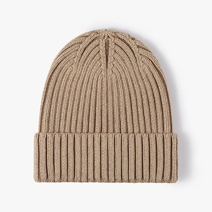 Winter khaki knitted beanie hat with thick ribbing and a folded cuff for warmth