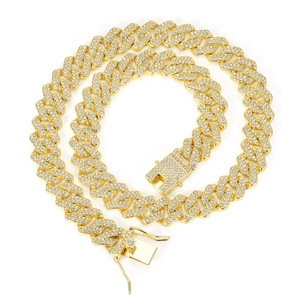 14mm gold-plated hip hop Cuban chain necklace with sparkling rhinestones on white background