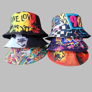 Reversible Retro 90s Graffiti Print Cotton Bucket Hat Foldable Outdoor Sun Protection Hip Hop Streetwear Unisex