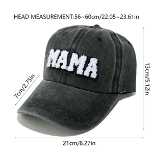 Detailed dimensions of gray washed cotton baseball cap with MAMA towel embroidery
