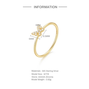Detail view of 925 silver ring with 6mm zircon butterfly charm and size measurements