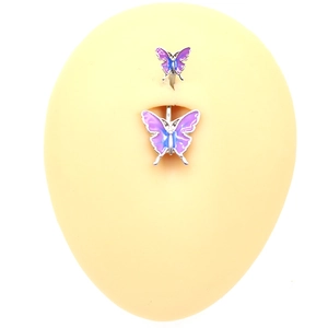 Detailed view of silver butterfly belly ring with purple enamel on skin model
