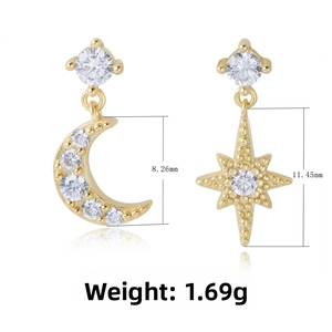 Detail view of asymmetric star and moon earrings with cubic zirconia and size dimensions