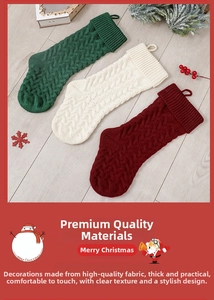 Three-piece knitted Christmas stockings with thick cable knit texture in festive colors