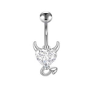316L stainless steel navel ring featuring a silver little devil heart crystal pendant