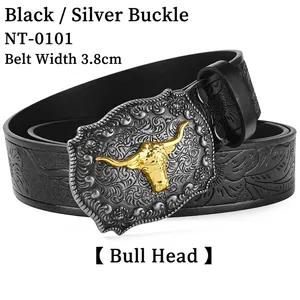 Detail of 3.8cm western cowboy belt featuring embossed leather and bull head buckle