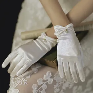 Elegant Bridal Satin Short Gloves With Faux Artificial Pearl Pendant Elastic Wrist Formal Wedding Party Evening Dress Accessories Women