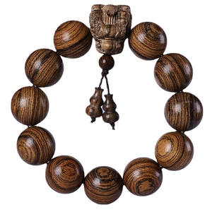 Bracelet en perles de bois de santal avec gravures de dragon et pendentifs gourde