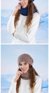 Detailed close-up of winter thick knit hat and neck warmer set with warm fleece lining