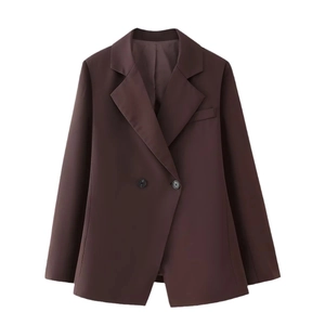 Women's dark coffee lapel slim-fit double-breasted blazer in high-waist solid color design