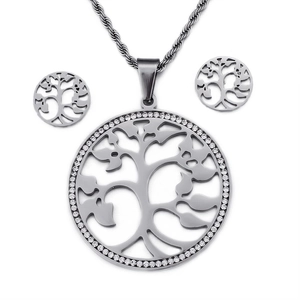 Parure arbre de vie argentée avec pendentif rond en cristal et boucles d'oreilles assorties