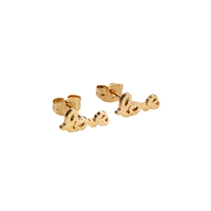 Polished gold plated titanium steel studs featuring a cursive love letter design