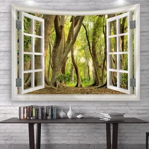 Pfirsichwald-Landschaft Wandteppich mit 3D-Fenstereffekt für die Wohnheimdekoration