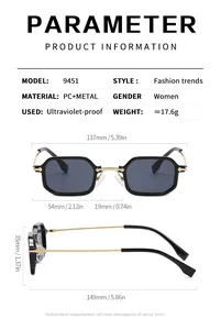 Detaillierte Größenangaben und Maße für die rechteckige 9451 Retro-Sonnenbrille