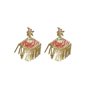 Ethnic fan-shaped tassel earrings in gold with red enamel fish scale pattern