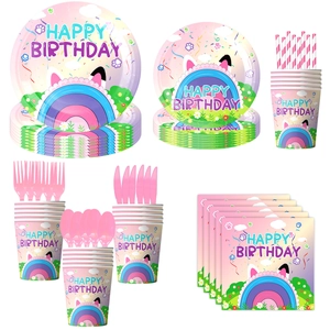 Detailed set of cat and rainbow themed birthday party plates, cups and napkins