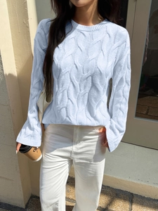 Detail showing light blue cable knit pattern on long sleeve casual round neck sweater