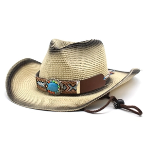 Chapeau de cowboy en paille vintage avec bande de perles turquoise et jugulaire réglable