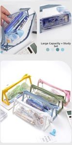 Detail view of large capacity transparent PVC pencil cases in five pastel colors with stationery