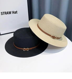Flat top straw hats in black and beige with leather bands and metal buckles for summer