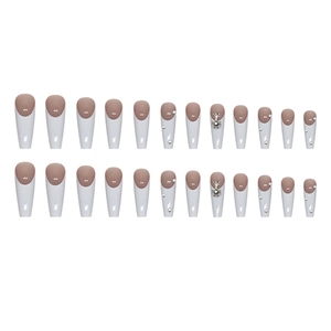 French cream press-on nails in long coffin shape with pearls and silver cross charms