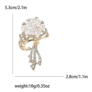 Elegant gold bouquet brooch with white pearls and rhinestones, size 5.3x2.8cm