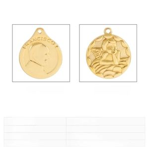 Detailed view of stainless steel Pope Francis and Cherub relief pendants with size specs