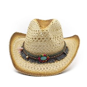 Chapeau de cow-boy en paille ethnique avec gemme turquoise et rubans bohèmes colorés